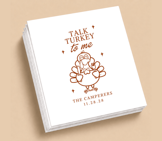 Personalized Talk Turkey wedding table napkins featuring a turkey illustration, custom family name, wedding date, and Thanksgiving-inspired design.