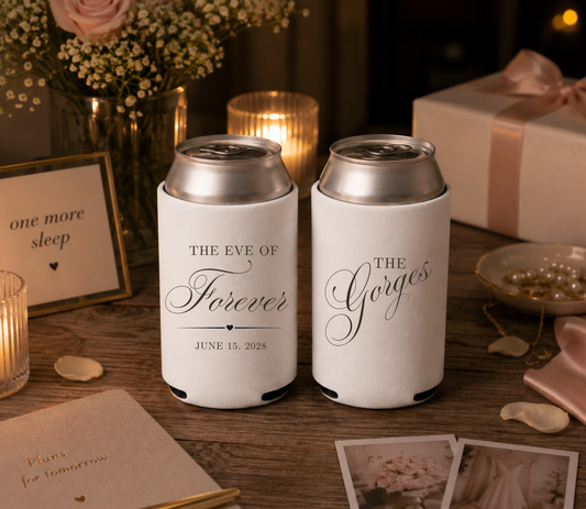 Personalized The Eve of Forever wedding can cooler with custom family name.