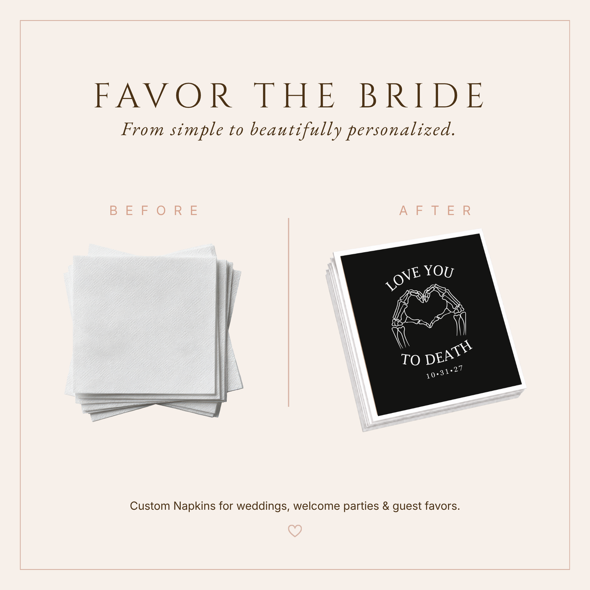 Gothic wedding cocktail napkin with skeleton hands forming a heart and Love You to Death wording.