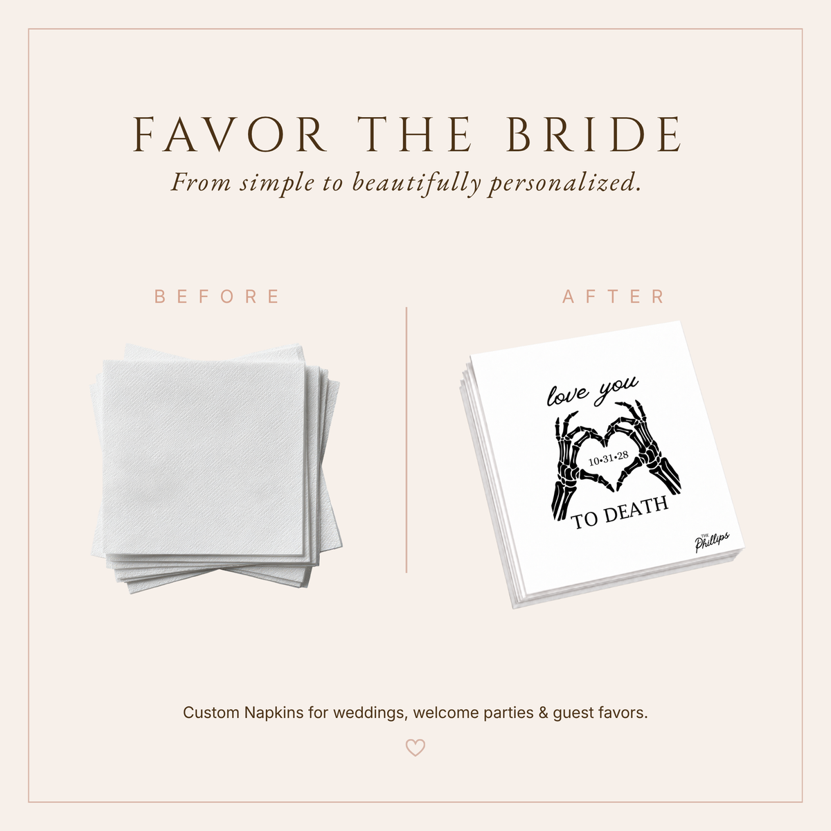 Gothic wedding napkin featuring black skeleton hands forming a heart with personalized wedding date inside.