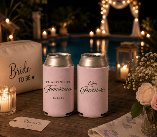 Personalized Toasting to Tomorrow wedding can cooler with custom family name.