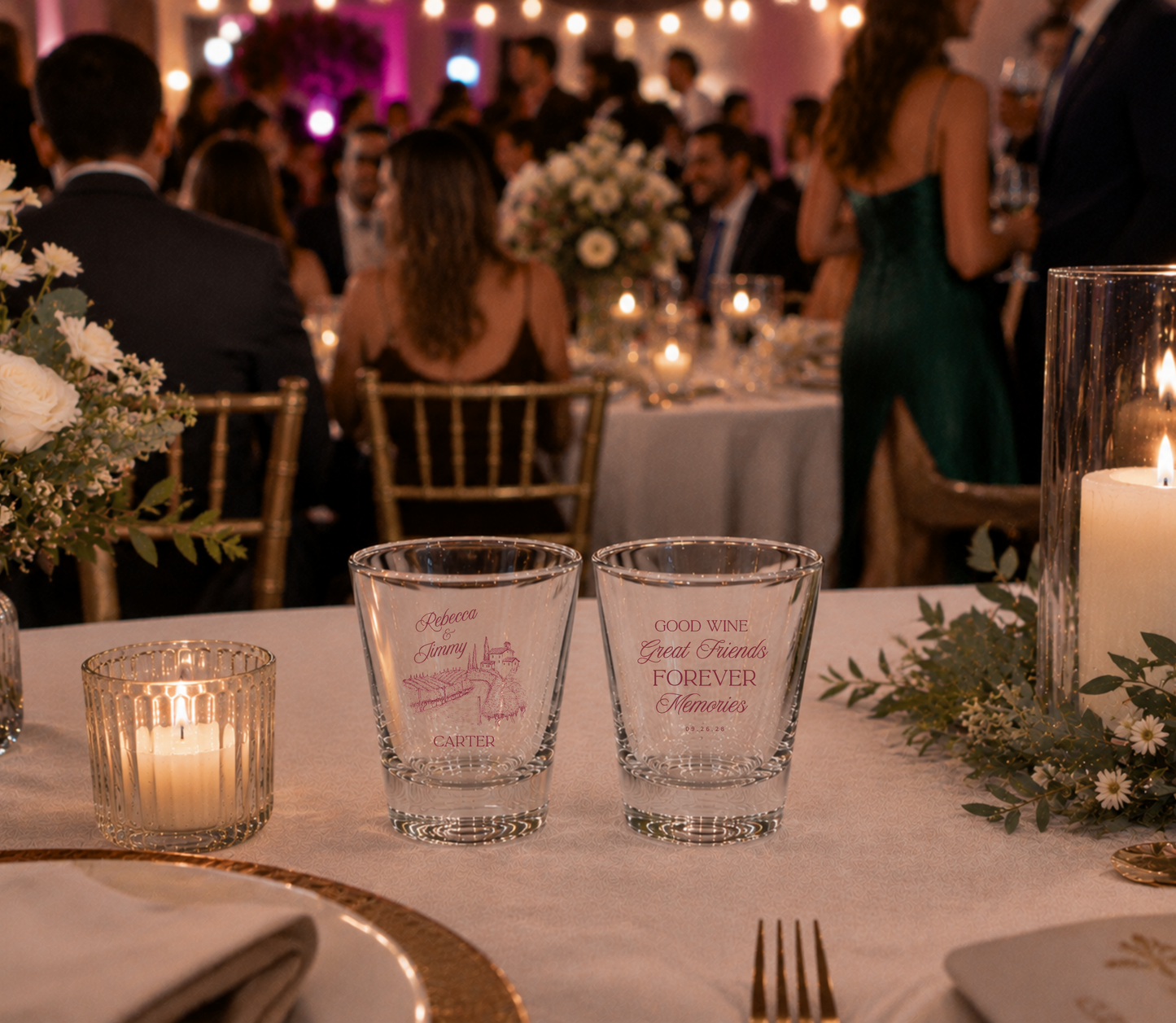 Tuscan vineyard personalized wedding shot glasses.

Italian vineyard wedding favor shot glasses.

Custom winery wedding shot glasses.