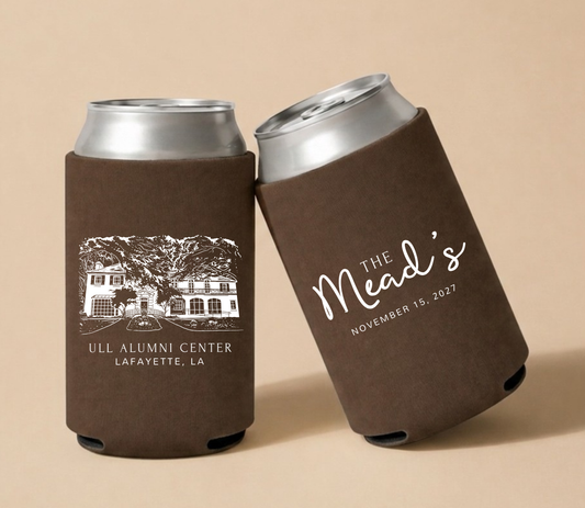 Brown personalized wedding can coolers featuring a ULL Alumni Center architectural illustration with custom family name and wedding date.
