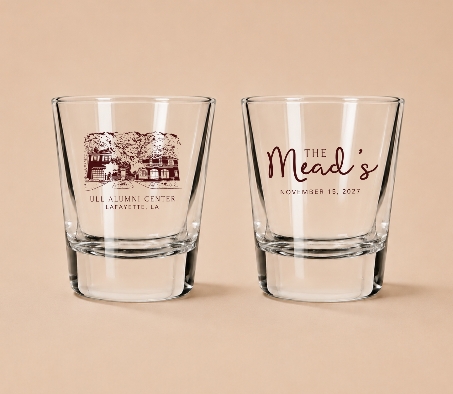 Personalized ULL Alumni Center Wedding Shot Glasses