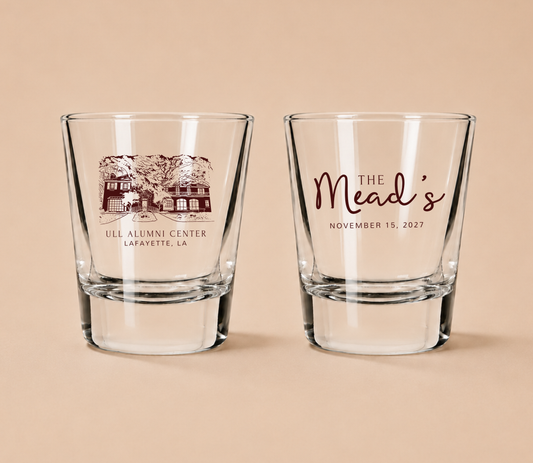 Personalized ULL Alumni Center Wedding Shot Glasses