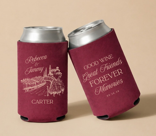 Burgundy personalized vineyard wedding can coolers featuring a vineyard landscape illustration, custom couple names Rebecca and Jimmy, Carter surname, and wedding date.

