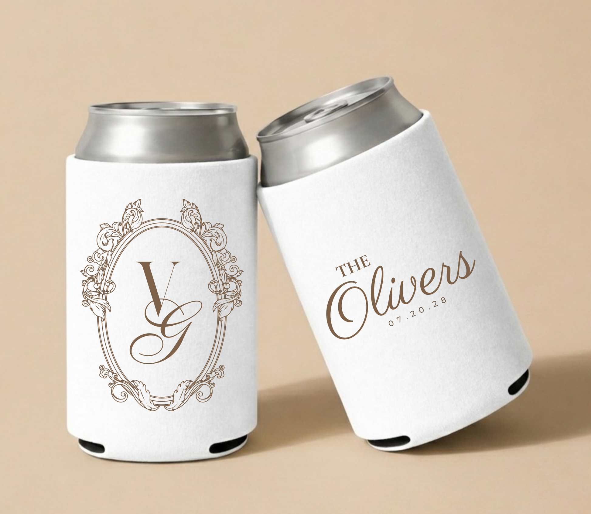 White personalized foam wedding can coolers featuring an ornate vintage monogram with initials VG, family name The Olivers, and wedding date July 20, 2028.  