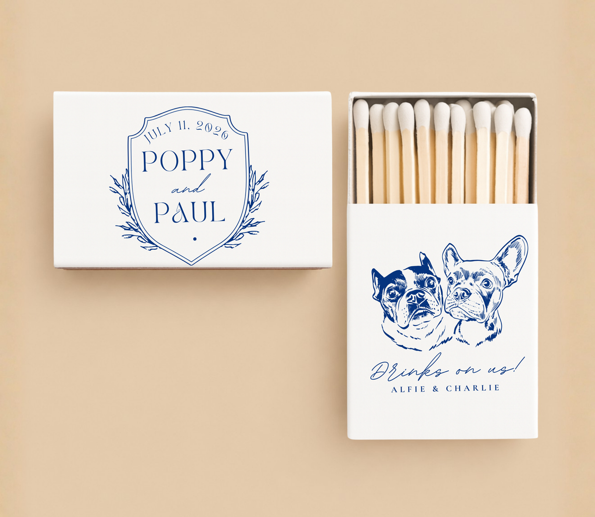 Personalized Wedding Matchbox Crest Dog Portrait Favor