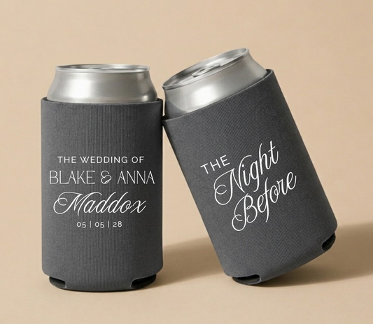 Charcoal personalized foam wedding can coolers featuring custom names Blake and Anna Maddox with elegant "The Night Before" typography and wedding date May 5, 2028.
