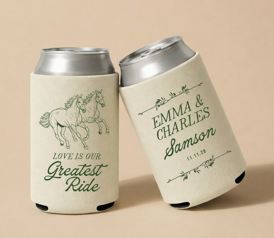Cream personalized western wedding can coolers featuring running horse artwork, custom couple names Emma and Charles, family surname Samson, and wedding date.

