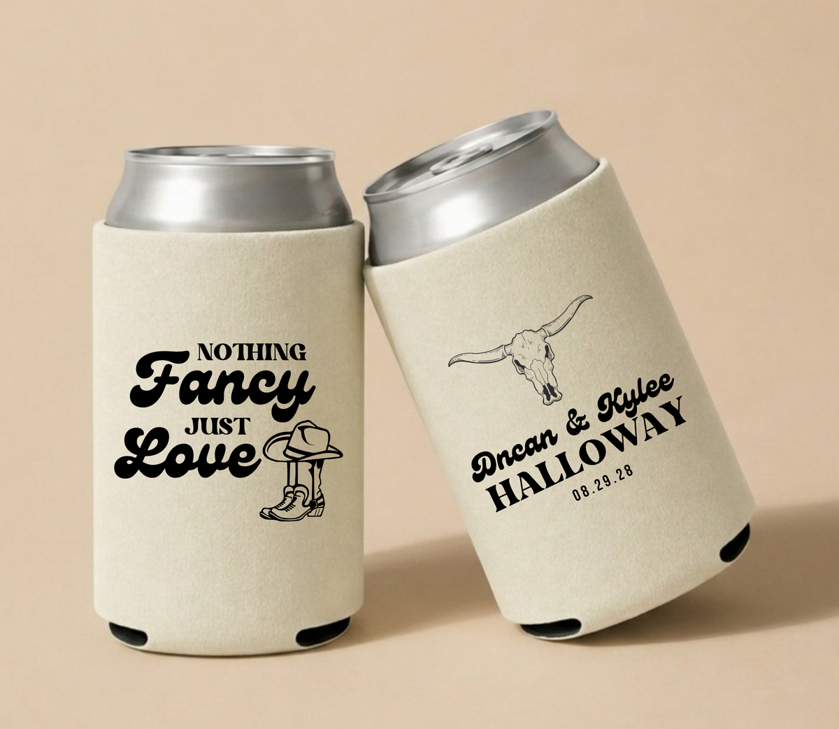 Personalized western wedding can coolers with black longhorn skull artwork, cowboy boot design, custom names, and wedding date on cream drink sleeves

