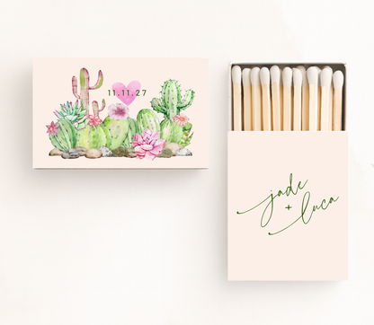 Custom western wedding matchboxes with cactus artwork, personalized names, wedding date, and romantic I Do For You wording