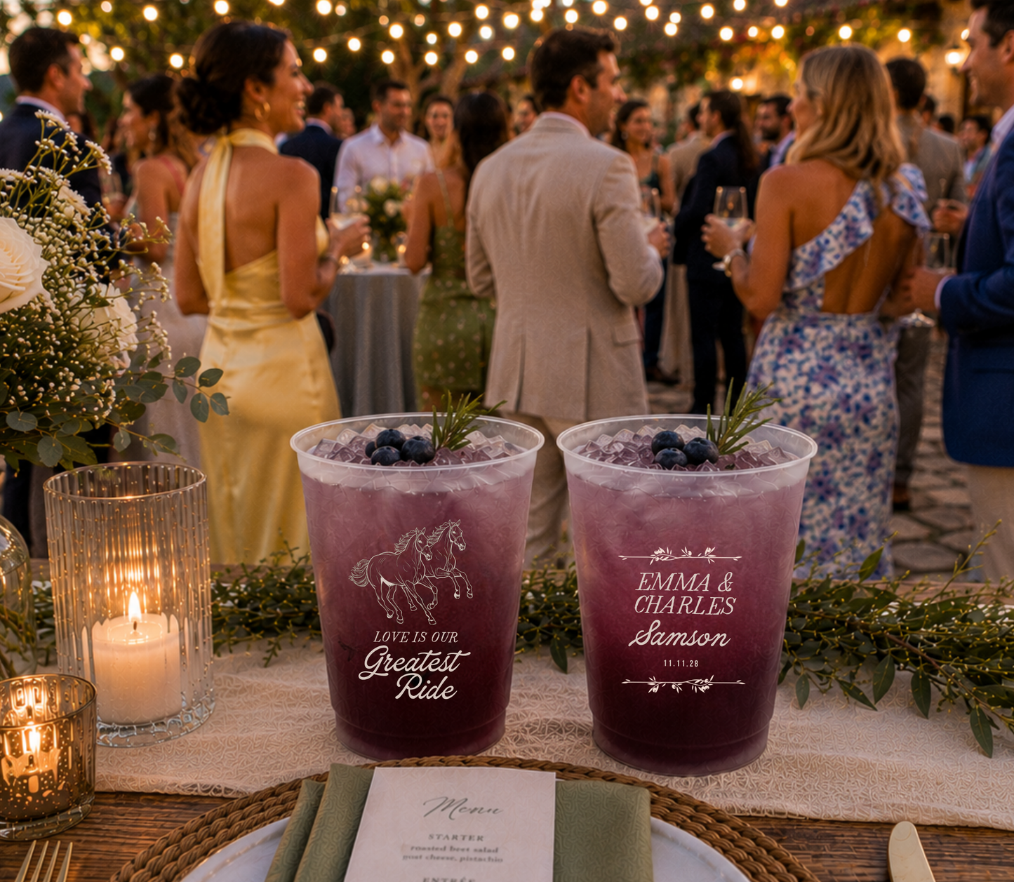 
Country wedding cup featuring custom names and running horse artwork.