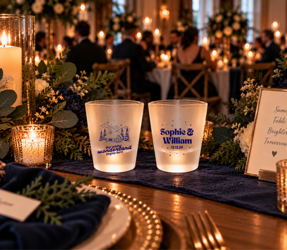Christmas wedding shot glasses with mountain cabin, pine trees, snow, custom names, and wedding date.