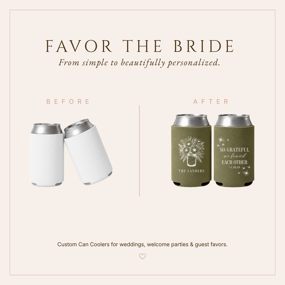 Elegant Thanksgiving wedding favors in olive green with personalized floral designs and a meaningful gratitude message.