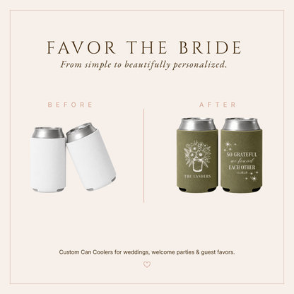 Elegant Thanksgiving wedding favors in olive green with personalized floral designs and a meaningful gratitude message.