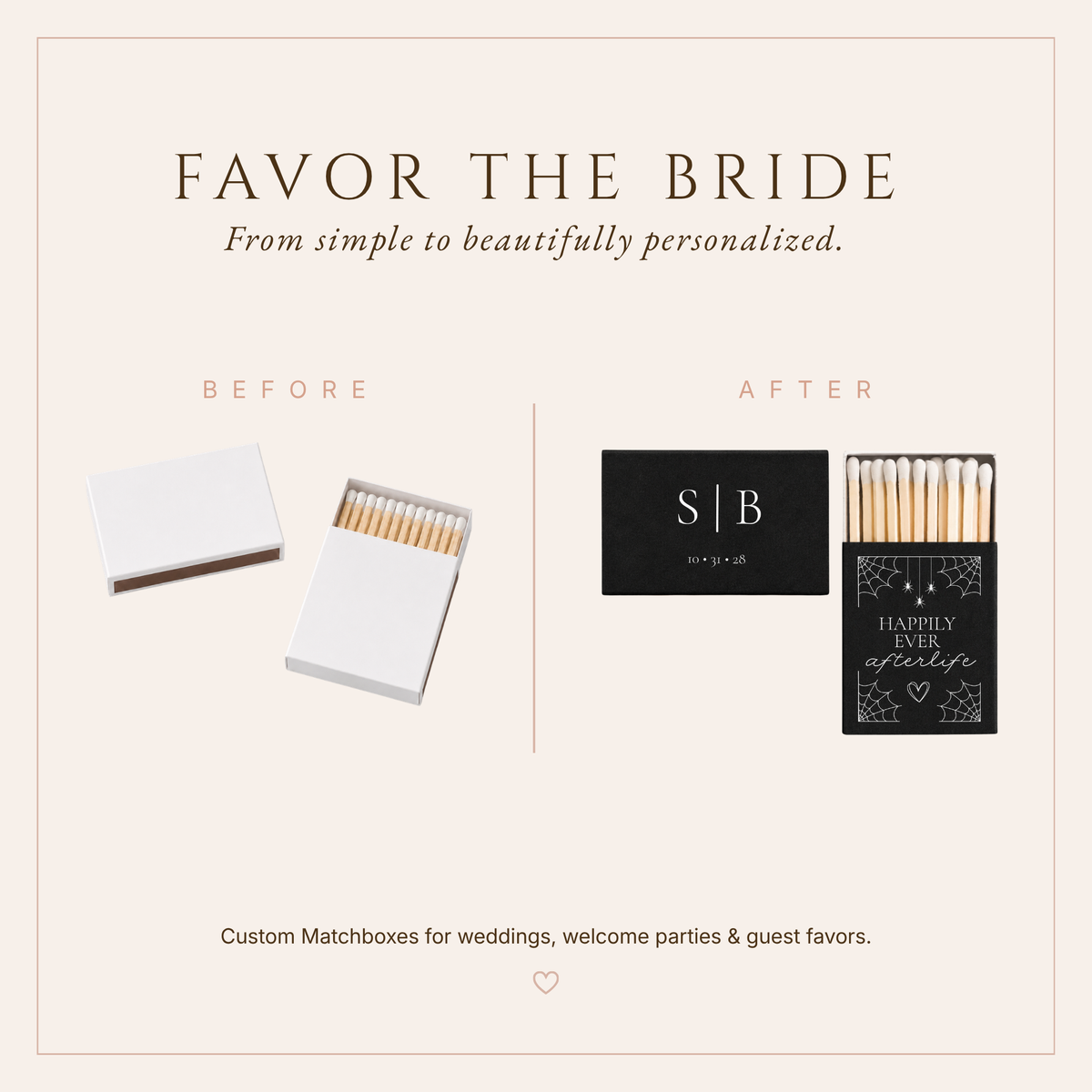 Elegant gothic wedding matchbox featuring Happily Ever Afterlife lettering with white spiderweb and spider illustrations.