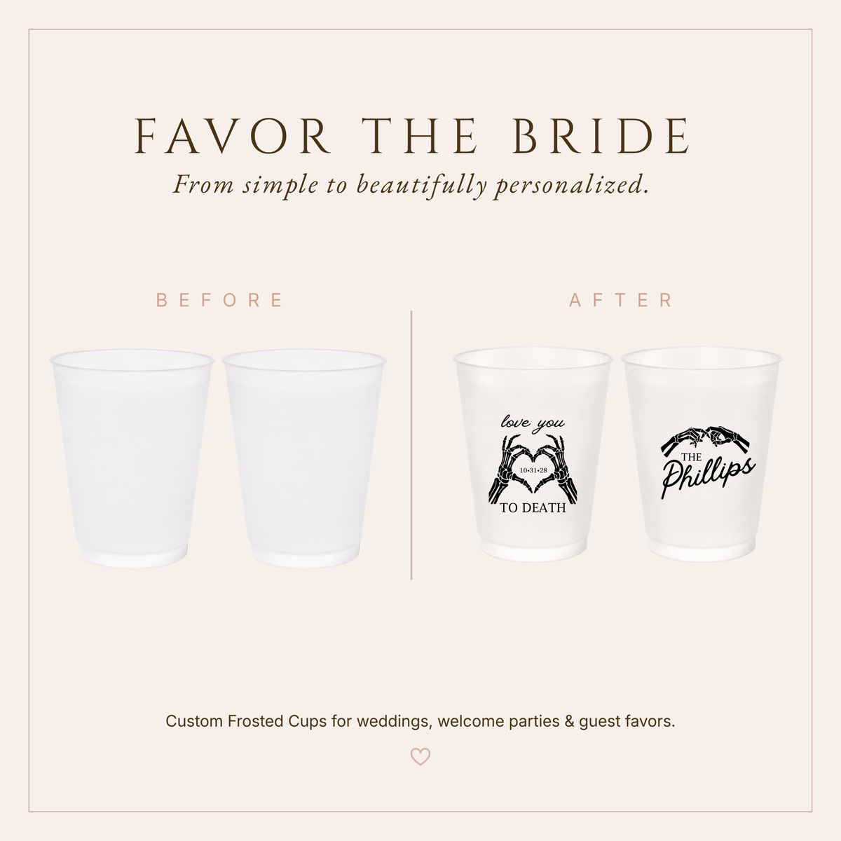Personalized black and frosted Halloween wedding cups with skeleton hands, custom last name, and October wedding date.