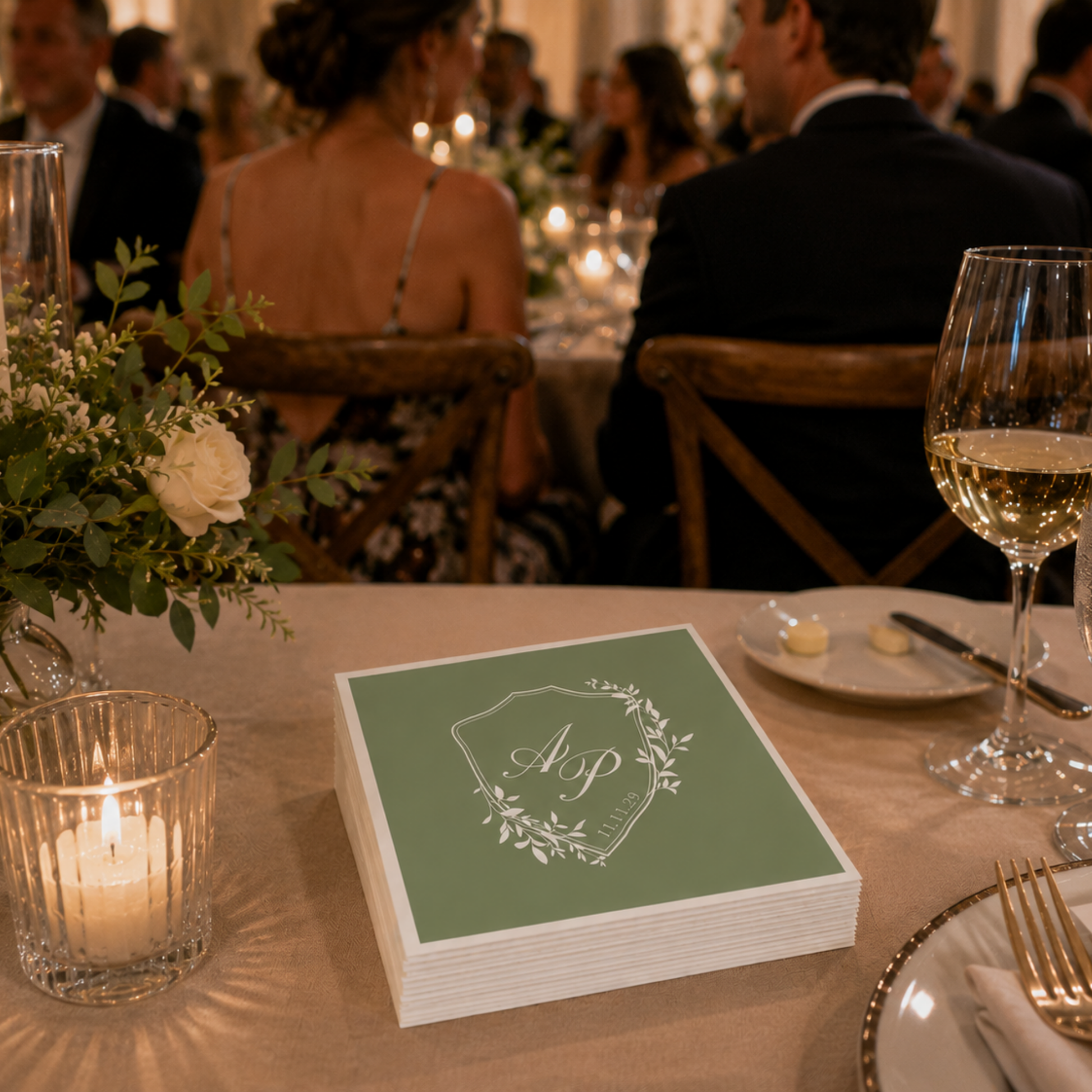 
Green personalized wedding napkin featuring botanical crest initials and wedding date.
