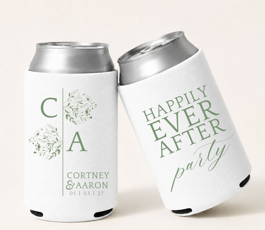 White personalized botanical wedding can coolers featuring custom initials, delicate wildflower illustrations, elegant green typography, couple names, wedding date, and premium foam construction.
Personalized botanical wedding can cooler featuring custom initials, wildflower artwork, and elegant typography.
Custom floral wedding beer can sleeve with botanical illustrations, couple names, and wedding date.
Elegant botanical wedding favor featuring personalized initials and delicate floral artwork.
