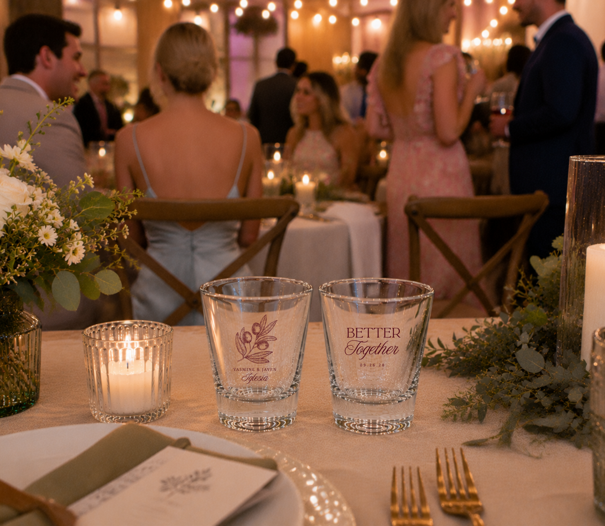 Better Together Olive personalized wedding shot glasses.

Mediterranean wedding favor shot glasses.
