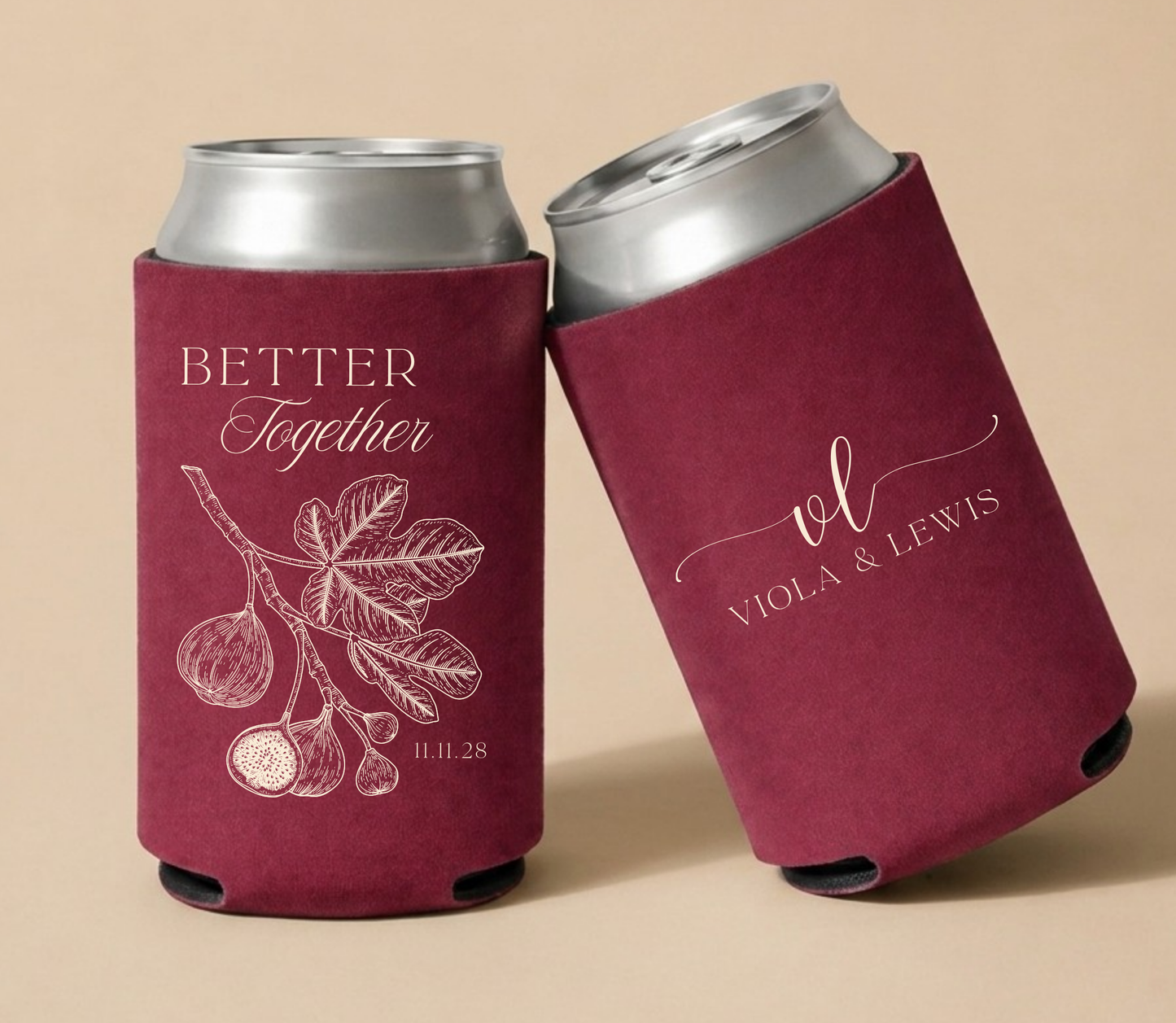 Burgundy personalized wedding can coolers featuring a vintage fig branch illustration, custom couple names Viola and Lewis, and wedding date in elegant botanical styling.
