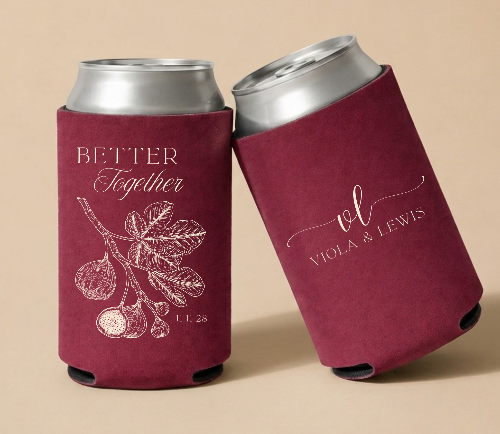 Burgundy personalized wedding can coolers featuring a vintage fig branch illustration, custom couple names Viola and Lewis, and wedding date in elegant botanical styling.
