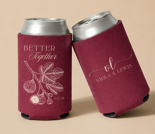 Burgundy personalized wedding can coolers featuring a vintage fig branch illustration, custom couple names Viola and Lewis, and wedding date in elegant botanical styling.
