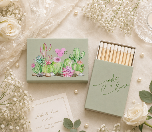 Personalized cactus wedding matchbox featuring watercolor desert plants and custom wedding details.