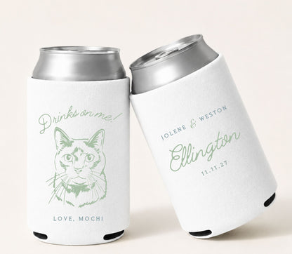 White personalized foam wedding can coolers featuring a custom minimalist cat portrait, green lettering, couple names, wedding date, and double-sided printing for a cat lover wedding.
White personalized cat portrait wedding can cooler with minimalist custom pet illustration.
Custom minimalist cat wedding beer sleeve featuring couple names and wedding date.
Personalized cat lover wedding can cooler with custom pet portrait and elegant typography.
Minimalist foam wedding can cooler featuring a custom cat 