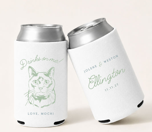 White personalized foam wedding can coolers featuring a custom minimalist cat portrait, green lettering, couple names, wedding date, and double-sided printing for a cat lover wedding.
White personalized cat portrait wedding can cooler with minimalist custom pet illustration.
Custom minimalist cat wedding beer sleeve featuring couple names and wedding date.
Personalized cat lover wedding can cooler with custom pet portrait and elegant typography.
Minimalist foam wedding can cooler featuring a custom cat 