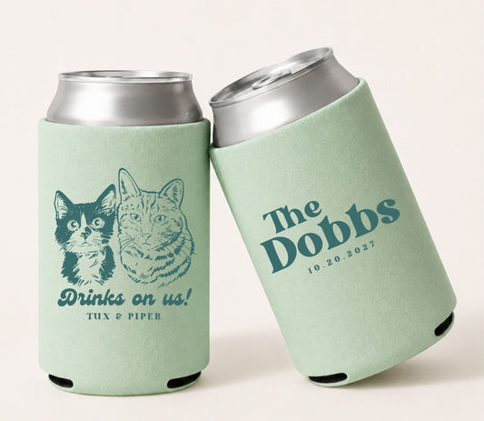 Sage green personalized wedding can coolers featuring custom cat portraits, couple names, and wedding date.
Custom cat wedding can cooler
Cat lover wedding favor
Custom cat wedding drink sleeve
