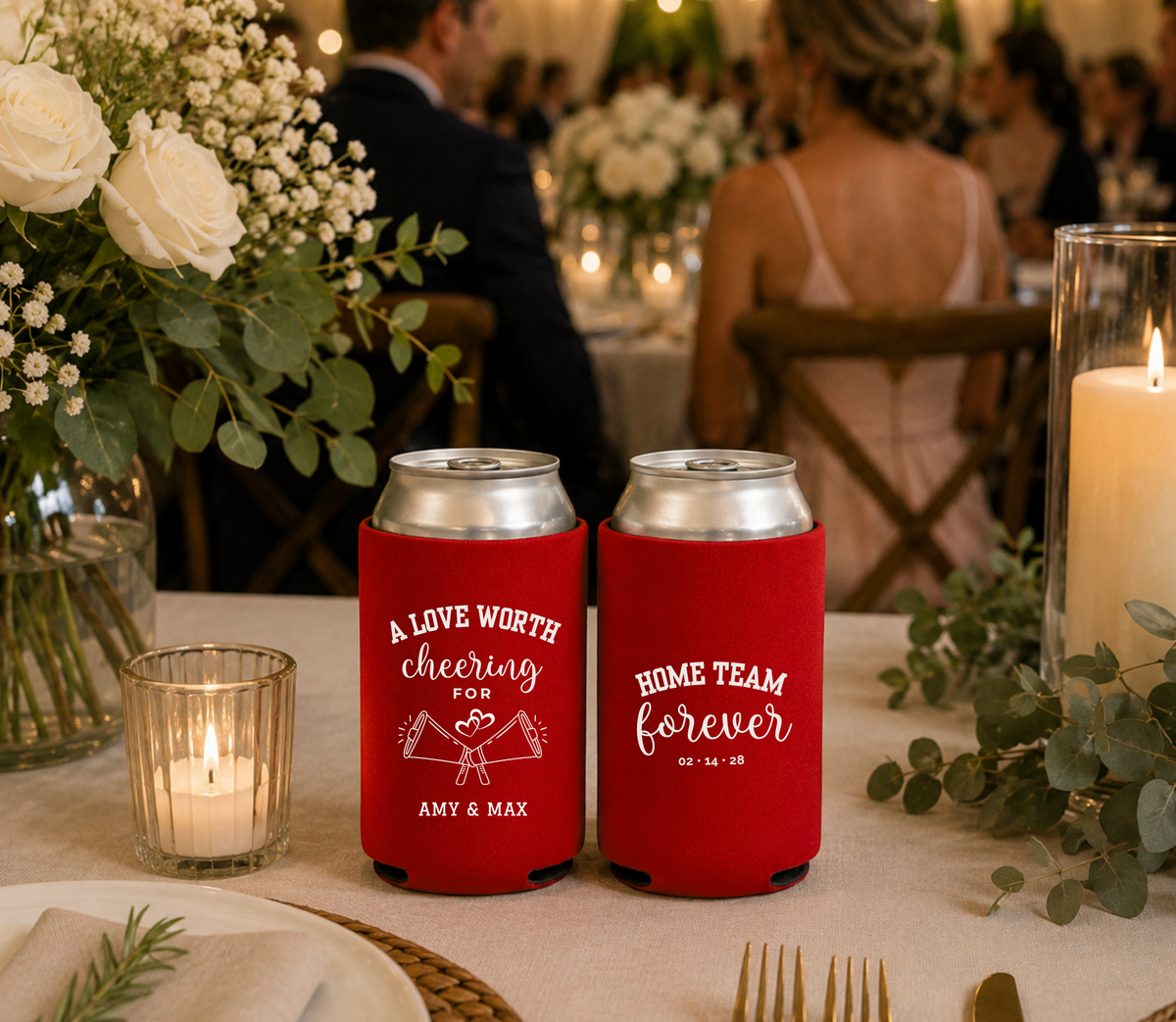 Cheerleader wedding favor can coolers featuring A Love Worth Cheering For design, custom couple names, and wedding date.
