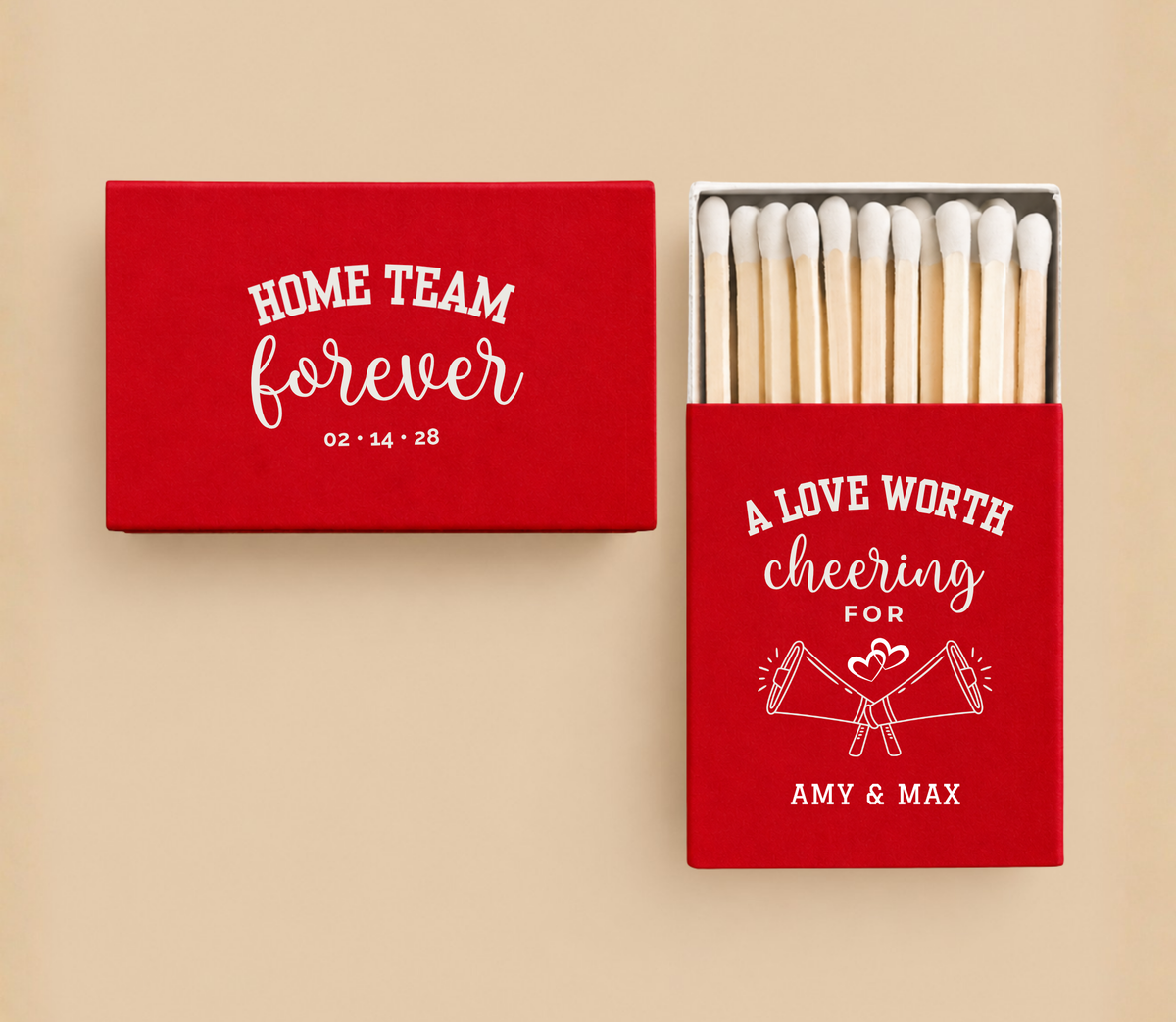Personalized Home Team Forever wedding matchboxes featuring A Love Worth Cheering For wording, crossed megaphone artwork, custom couple names, and wedding date.