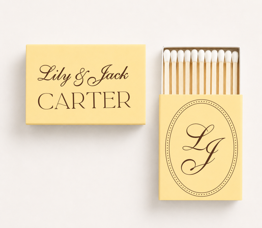 Personalized classic monogram wedding matchboxes featuring custom couple names, family name, and elegant initials in an oval frame.