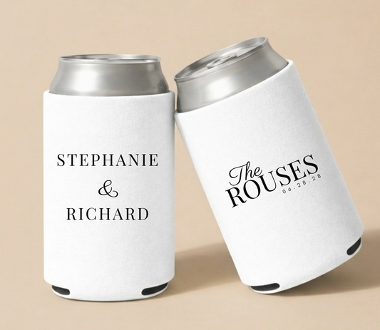 Personalized white wedding can coolers featuring custom couple names Stephanie and Richard with The Rouses family name and wedding date in classic black typography.