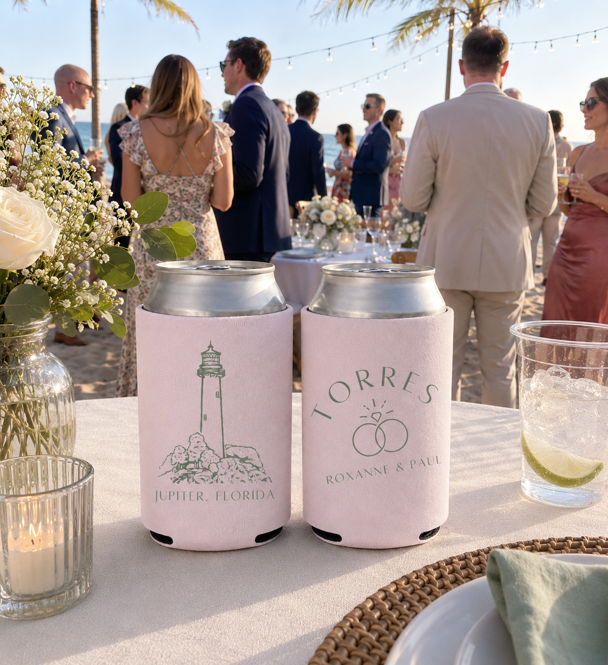 Personalized coastal wedding can cooler featuring a lighthouse illustration and custom wedding names.