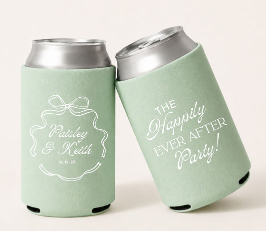 Sage green personalized coquette wedding can coolers featuring elegant white ribbon bow artwork, custom couple names, wedding date, romantic typography, and premium foam construction.
Personalized coquette wedding can cooler featuring elegant ribbon bow artwork and custom wedding names.
Custom bow wedding beer can sleeve with romantic typography and personalized wedding date.
Elegant coquette wedding favor featuring delicate ribbon illustration and custom couple names.
Premium foam wedding can cooler wi