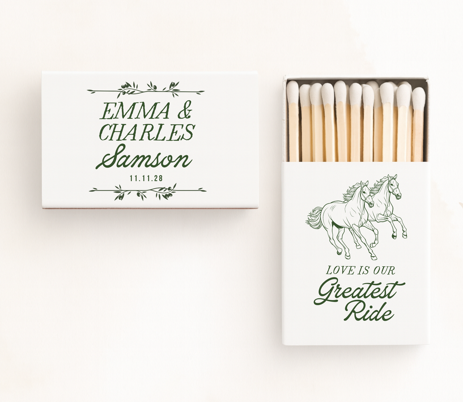 White personalized western wedding matchboxes featuring elegant running horse artwork, custom couple names Emma and Charles, family surname Samson, and wedding date.

White western wedding matchbox featuring elegant running horse artwork and personalized couple names.

Custom cowboy wedding matchbox with horse illustration, family surname, and wedding date.