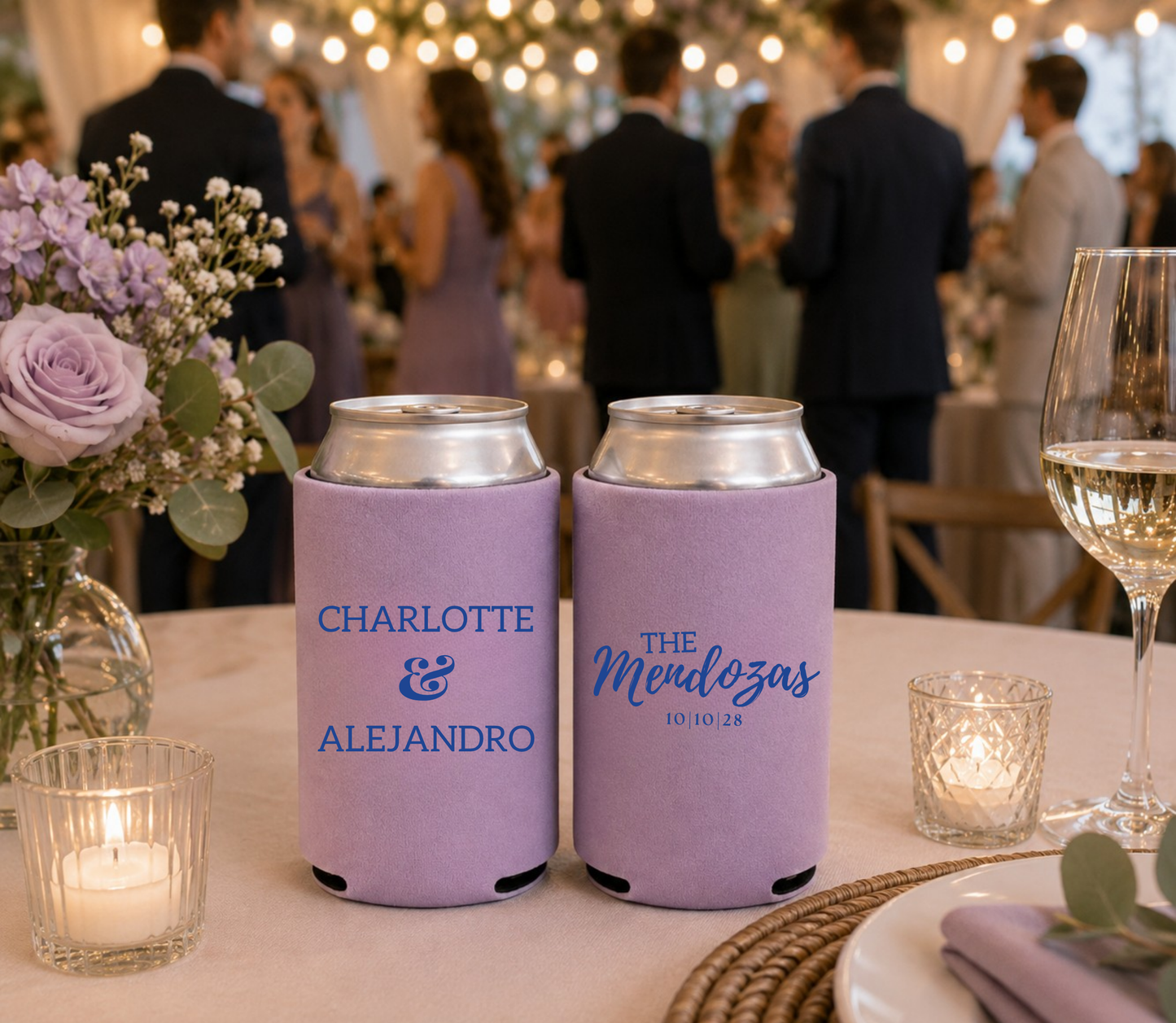 Custom purple wedding can koozies with blue ink.