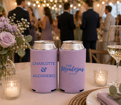 Custom purple wedding can koozies with blue ink.