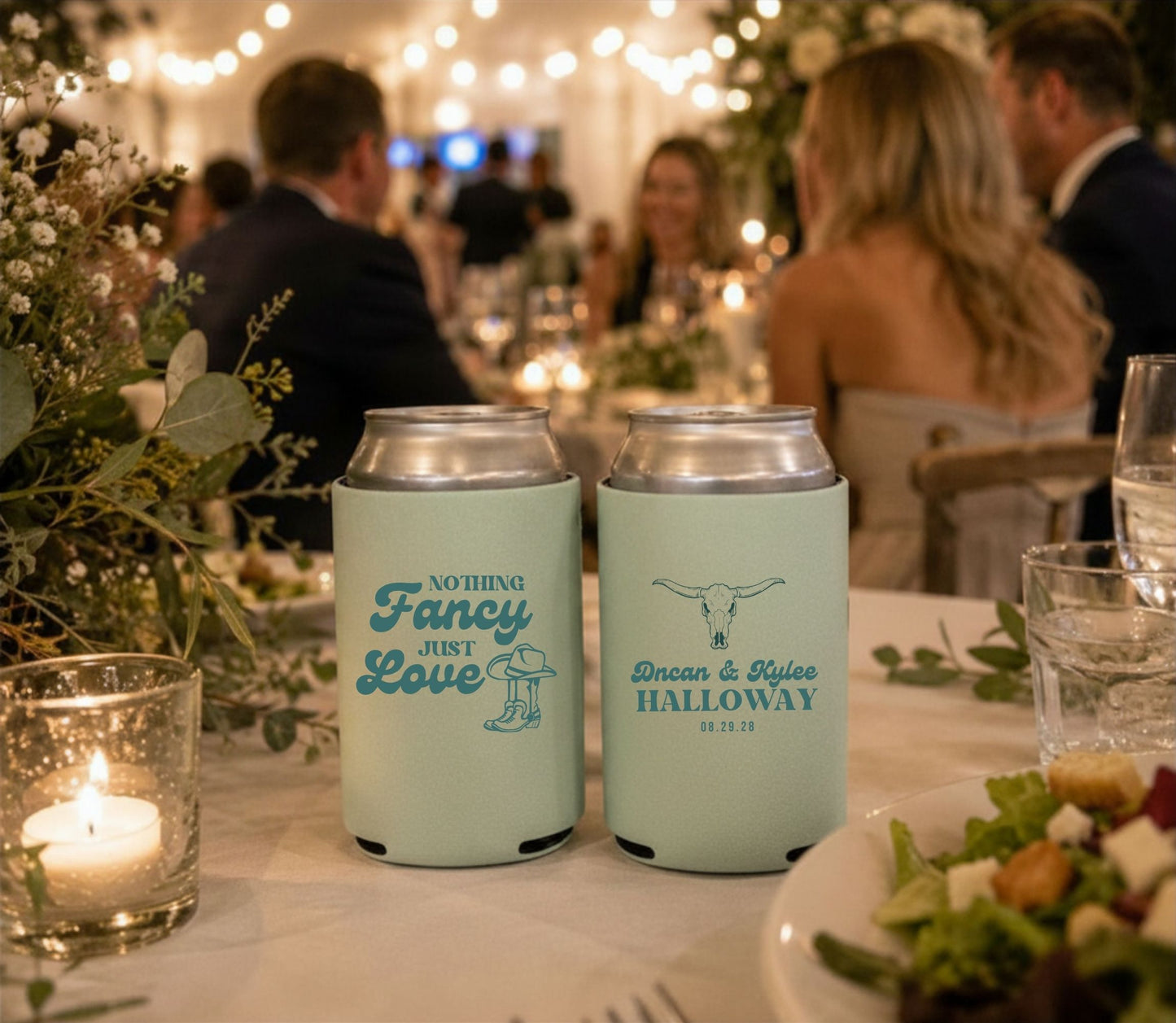 Personalized cowboy wedding can cooler featuring rustic western graphics and custom couple names.