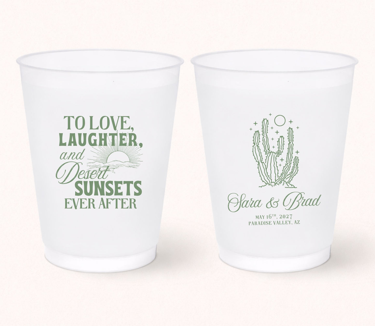 Two personalized frosted wedding cups featuring the phrase "To Love, Laughter, and Desert Sunsets Ever After" with a sunset illustration on one side and a cactus design with Clara & Brad, May 16, 2027, Paradise Valley, Arizona on the reverse.
Personalized desert wedding frosted cup featuring a cactus illustration and custom couple names.
Southwest wedding drink cup with minimalist cactus artwork and personalized wedding details.