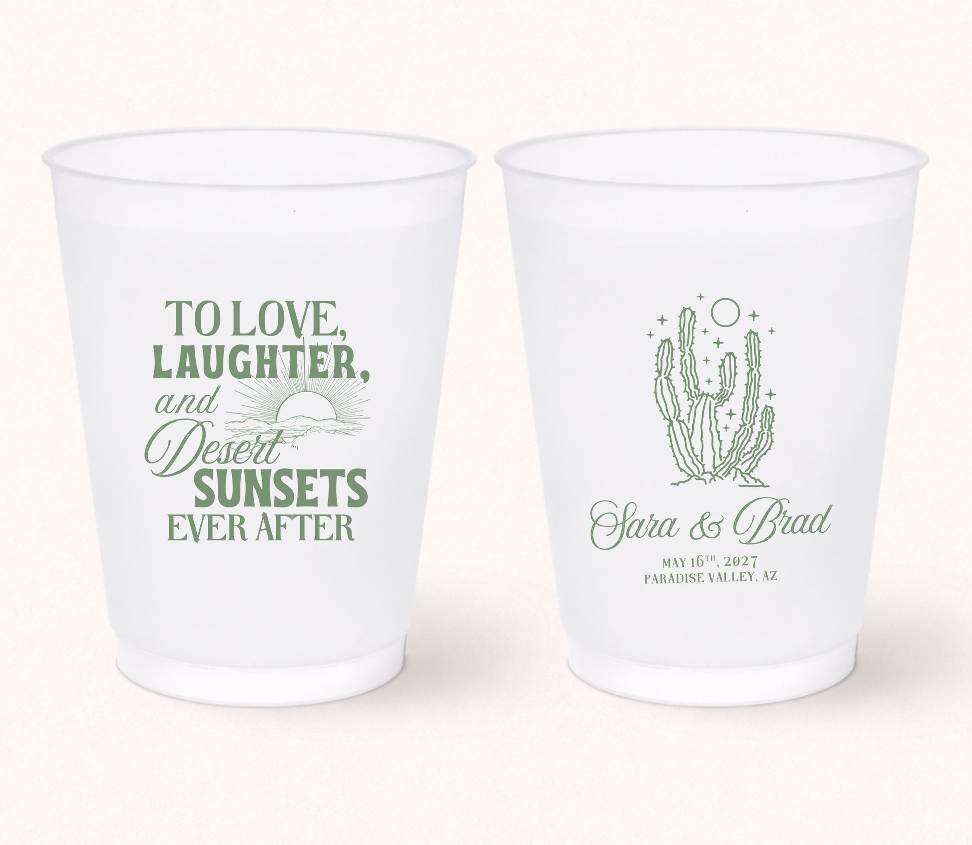 Two personalized frosted wedding cups featuring the phrase "To Love, Laughter, and Desert Sunsets Ever After" with a sunset illustration on one side and a cactus design with Clara & Brad, May 16, 2027, Paradise Valley, Arizona on the reverse.
Personalized desert wedding frosted cup featuring a cactus illustration and custom couple names.
Southwest wedding drink cup with minimalist cactus artwork and personalized wedding details.