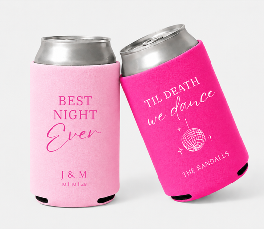 Baby pink and hot pink personalized wedding can coolers featuring custom initials, wedding date, family surname, and disco-inspired Electric Love designs.