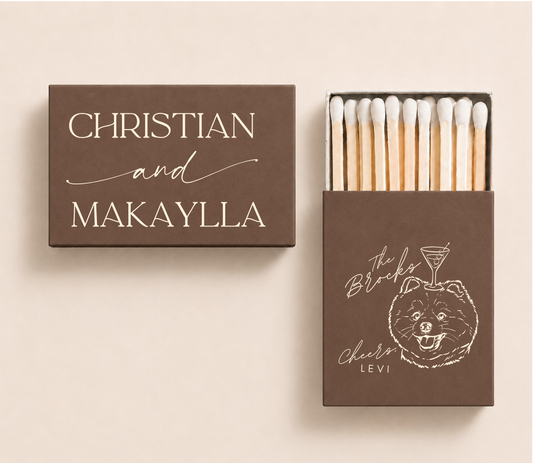Personalized pet wedding matchboxes featuring a custom dog portrait, couple's names, family name, and pet's name for dog-friendly weddings.