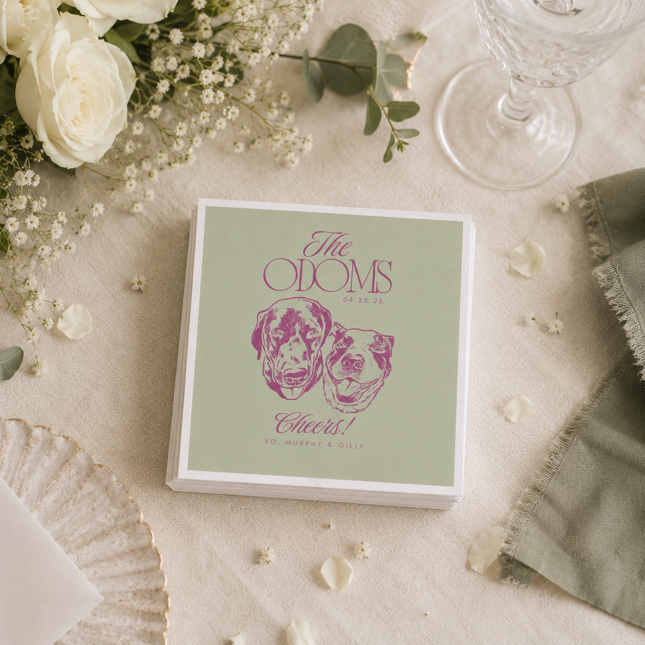 Personalized dog wedding cocktail napkin featuring custom pet portraits and wedding details.