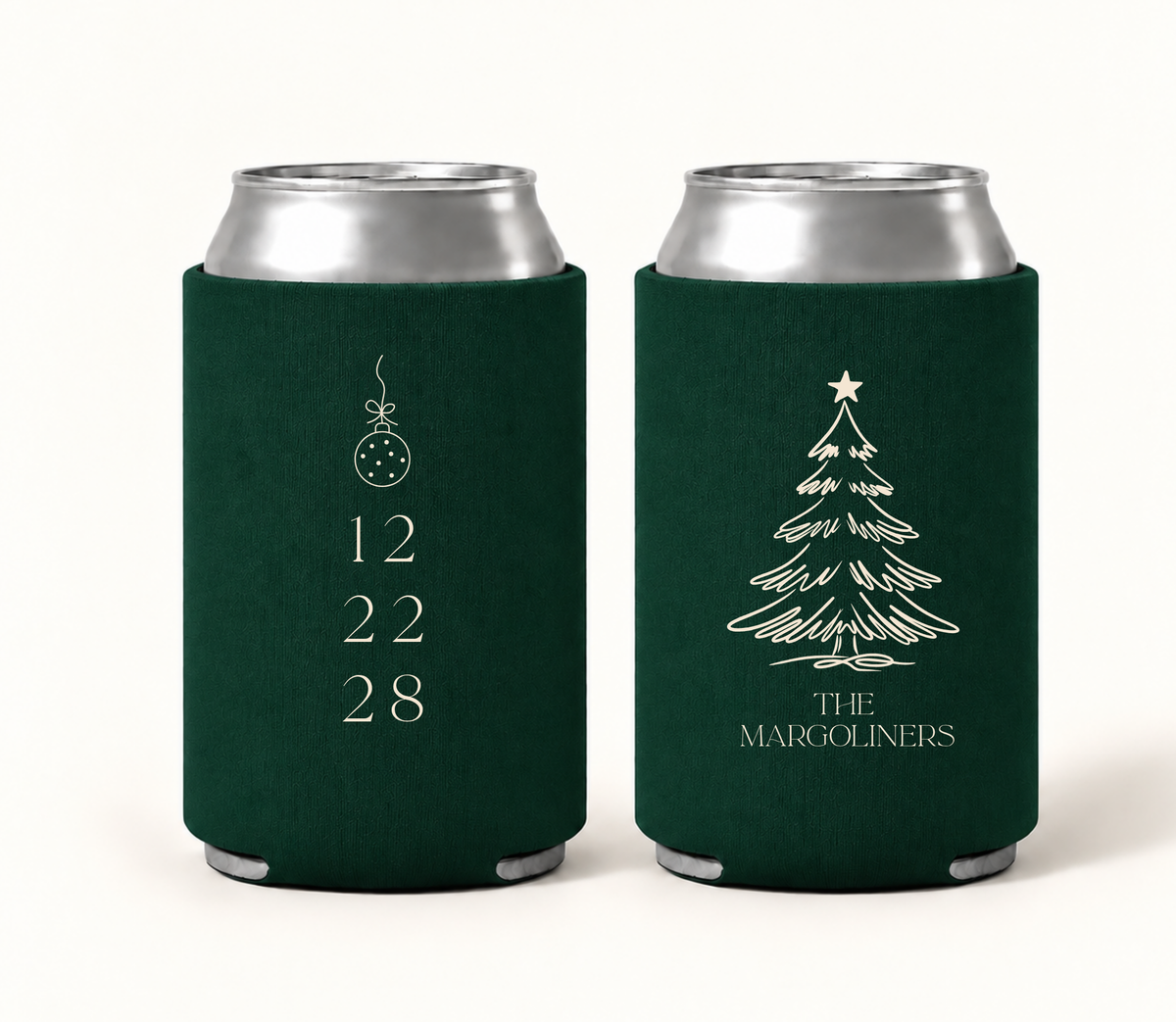 Personalized emerald green Christmas wedding can coolers featuring ivory Christmas tree artwork, hanging ornament, custom family name, and wedding date.