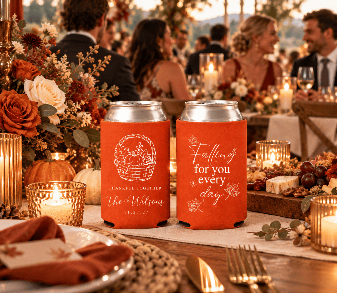 Custom Thanksgiving wedding drink sleeve with turkey artwork, wedding date, and festive sayings.
