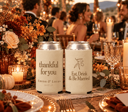Custom Thanksgiving wedding drink sleeve featuring elegant typography and a botanical branch illustration.